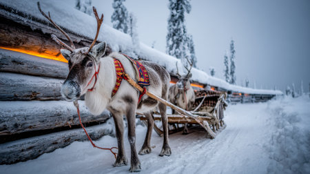 A reindeer harnessed to a sleigh stands in a snowy environment next to a wooden structure.の素材