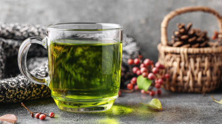 A clear glass mug filled with vibrant green tea sits on a textured surface, surrounded by festive holiday elements like pinecones and red berries.の素材