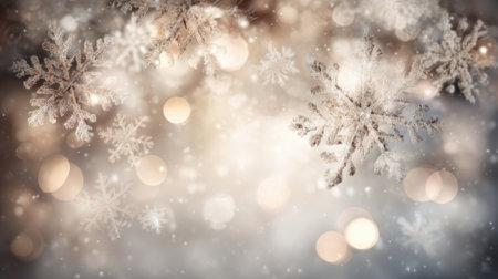 A soft and magical winter scene with delicate snowflakes and warm, glowing bokeh lights, perfect for holiday or seasonal themes.の素材