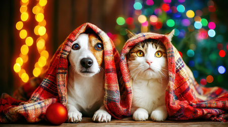 A heartwarming image of a dog and cat snuggled together under a festive blanket, with a blurred Christmas tree in the background.の素材