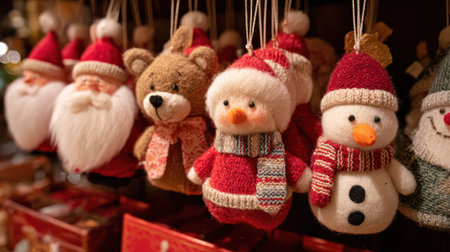 A charming display of various Christmas ornaments including Santa Claus, teddy bears, and snowmen, perfect for holiday decor.の素材
