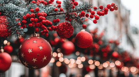 A festive close-up captures the holiday spirit with sparkling red ornaments, vibrant berries, and soft bokeh lights, evoking a warm Christmas atmosphere.の素材