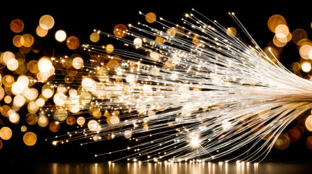 Close-up of glowing fiber optics cables with bokeh lights, representing data transmission and modern technology.の素材