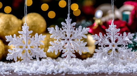 Close-up of three delicate white snowflake ornaments, dusted with artificial snow, suspended against a bokeh background of warm golden Christmas baubles and festive lights, evoking a winter holiday atmosphere.の素材