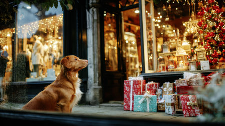 A small brown dog sits on a ledge in front of a shop window filled with Christmas decorations and gifts.の素材