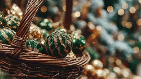 A close-up of a rustic wicker basket overflowing with shiny green and gold Christmas baubles, with a softly blurred background of festive lights and a decorated tree.の素材