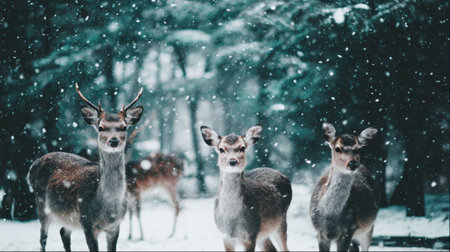 A serene winter scene featuring three deer in a snow-covered forest, with gentle snowfall creating a magical atmosphere.の素材