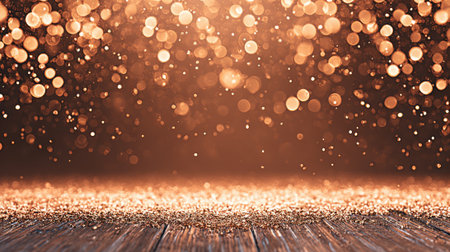 A warm, inviting background with soft golden bokeh lights and a textured wooden surface, perfect for festive or celebratory themes.の素材