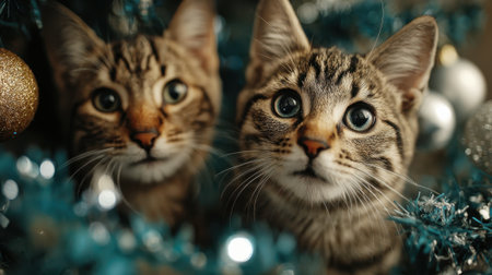 Close-up of two curious tabby kittens with wide eyes nestled among festive Christmas tree branches and ornaments.の素材