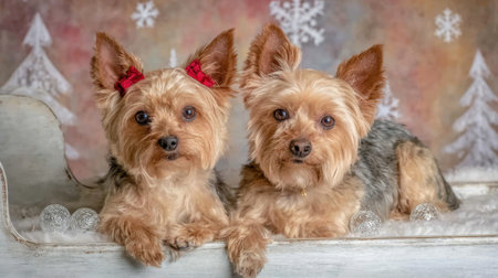 Two cute Yorkshire Terriers with festive bows on their ears pose for a holiday photo with a snowy background.の素材