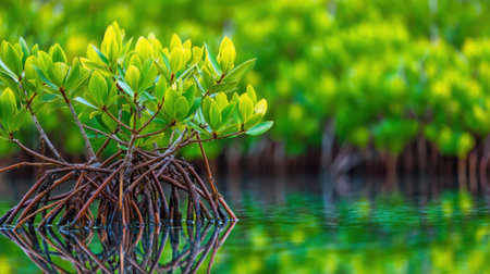 A young mangrove tree with lush green leaves and exposed aerial roots stands in shallow water, its reflection shimmering.の素材