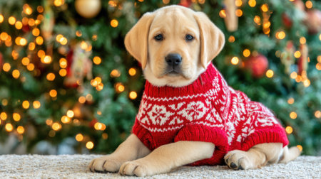 A cute yellow Labrador puppy is dressed in a cozy red and white knitted Christmas sweater, sitting in front of a beautifully decorated Christmas tree with bokeh lights.の素材