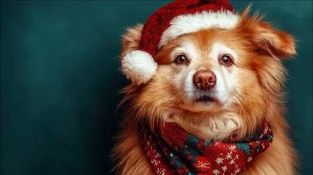 A fluffy, golden-colored dog with a warm expression wears a red Santa hat and a colorful holiday scarf, looking directly at the camera against a teal background.の素材