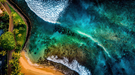 Stunning aerial perspective of a vibrant tropical coastline, showcasing crystal-clear turquoise waters, white-capped waves, and dense green vegetation along the shore.の素材