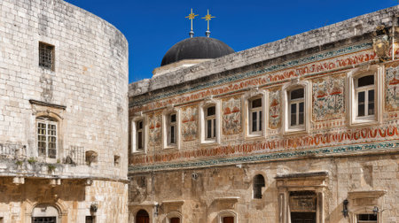 A close-up view of an old stone building featuring intricate architectural details and a dark dome against a clear blue sky.の素材