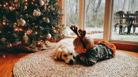 A heartwarming scene of a baby dressed as a reindeer and a golden retriever dog lying together by a decorated Christmas tree, indoors.の素材