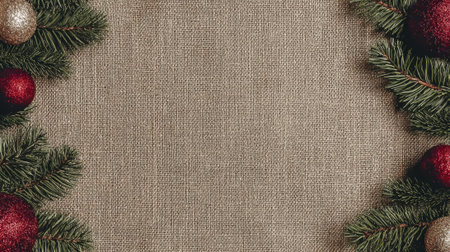 A festive Christmas background featuring green fir branches and red and gold ornaments on a textured burlap surface, with copy space in the center.の素材
