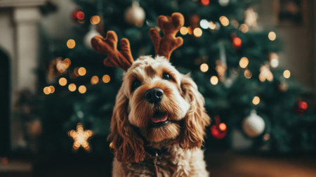 A happy Cocker Spaniel dog with reindeer antlers sits in front of a decorated Christmas tree with bokeh lights.の素材