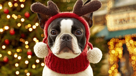 A charming Boston Terrier dog dressed in a festive red knitted hat with reindeer antlers and pom-poms, posing in front of a blurred Christmas tree.の素材