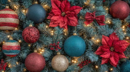 A festive and detailed close-up view of a Christmas tree adorned with various ornaments and twinkling lights, creating a warm and inviting holiday atmosphere.の素材