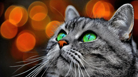 A detailed close-up portrait of a gray tabby cats face, featuring vibrant green eyes and a pink nose, set against a soft, out-of-focus background of warm orange lights.の素材