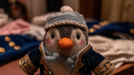 A close-up of a charming penguin stuffed animal dressed in a knitted hat and a decorative coat, ready for a winter adventure.の素材
