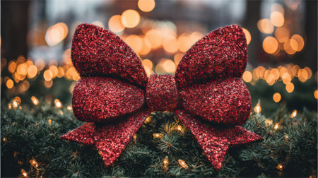 A festive and decorative red bow, covered in glitter, is the focal point of this holiday image, set against a blurred backdrop of warm, glowing lights.の素材