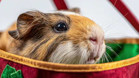 A detailed close-up shot of a tri-colored guinea pig with big dark eyes, looking curious from inside a red and green decorated basket.の素材