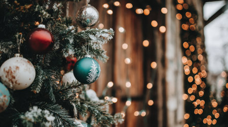 A festive Christmas tree adorned with ornaments and surrounded by warm bokeh lights, creating a cozy holiday atmosphere.の素材
