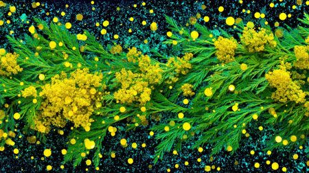 A detailed macro shot of a pine branch adorned with small yellow blossoms, set against a dark background with scattered golden bokeh lights.の素材