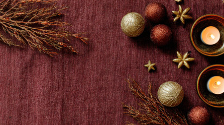 A warm and inviting Christmas still life arrangement featuring festive ornaments, glowing candles, and natural elements on a textured background.の素材