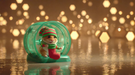 A charming Christmas elf wearing a festive hat and scarf sits inside a green snow globe, holding a red stocking. The background features soft, glowing bokeh lights, creating a magical holiday atmosphere.の素材