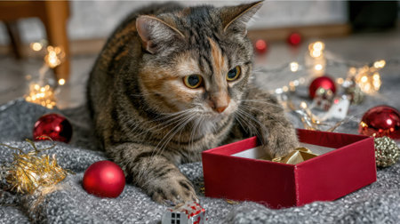 A tabby cat with striking eyes peeks into a red gift box, surrounded by twinkling lights and shiny red ornaments, embodying holiday curiosity.の素材