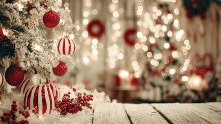 A beautifully decorated Christmas tree with red ornaments and berries, set against a backdrop of soft, glowing lights, evoking a warm and festive holiday atmosphere.の素材