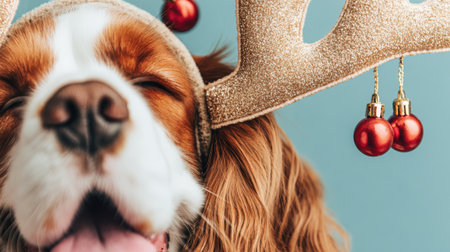 A close-up of a happy Cavalier King Charles Spaniel dog wearing festive reindeer antlers adorned with red Christmas ornaments, against a teal background.の素材