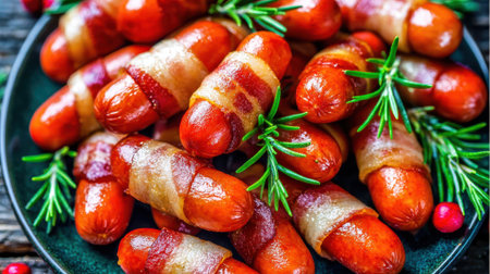 A close-up shot of savory bacon-wrapped sausages, garnished with fresh rosemary sprigs and bright red cranberries, perfect for holiday gatherings.の素材