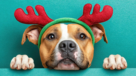 A close-up portrait of a pitbull dog wearing festive reindeer antlers, looking directly at the camera with a sweet expression.の素材
