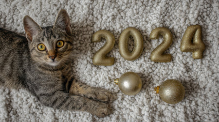 A charming tabby cat lies on a textured surface next to golden balloons forming the year 2024 and decorative ornaments.の素材