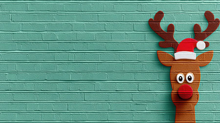 A charming, cartoonish reindeer with a red nose and big eyes, wearing a Santa hat, is positioned on the right side of a teal wooden plank background.の素材