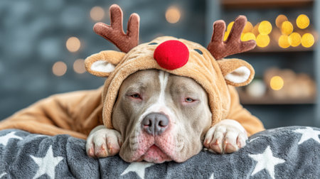 A sleepy Pitbull dog dressed as a reindeer, complete with antlers and a red nose, resting on a blanket with stars. The background has bokeh lights.の素材