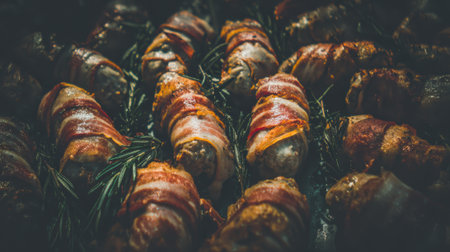 Close-up overhead view of sweet dates wrapped in crispy bacon, baked with fresh rosemary sprigs for a savory and sweet appetizer.の素材