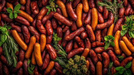 A close-up, top-down view of a bountiful harvest of fresh carrots, showcasing their natural colors and textures, interspersed with aromatic herbs.の素材