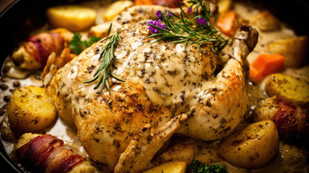 A whole roasted chicken seasoned with herbs, surrounded by golden potatoes and carrots, ready to be served.の素材
