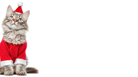 A cute fluffy kitten wearing a Santa hat and suit, looking up with curiosity. Perfect for holiday themes.の素材