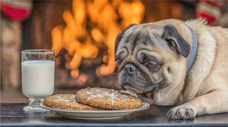 A pug dog eagerly watches a plate of cookies and a glass of milk next to a warm, glowing fireplace.の素材