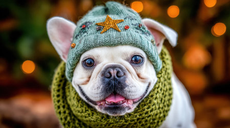 A charming French Bulldog dressed in a knitted hat and scarf, looking directly at the camera with a happy expression. The background features soft, blurred bokeh lights, suggesting a festive or wintery atmosphere.の素材
