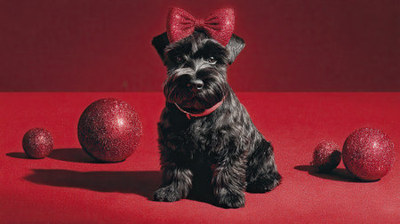 A cute Miniature Schnauzer puppy sits attentively, adorned with a festive red bow, surrounded by red ornaments on a striking red backdrop.の素材