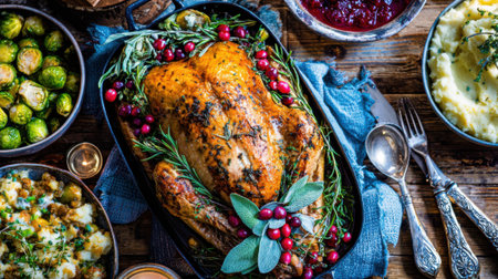 A festive and abundant roasted turkey dinner, complete with classic side dishes, perfect for holiday celebrations.の素材