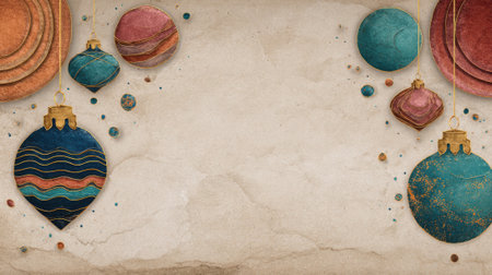 A collection of colorful, stylized Christmas ornaments arranged on a textured, parchment-like background, creating a festive and decorative holiday theme.の素材