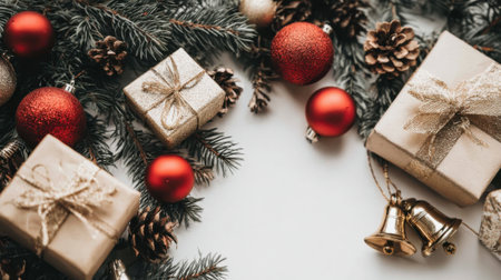 A beautiful flat lay of Christmas gifts, pine cones, and red ornaments on a white background surrounded by fir branches.の素材